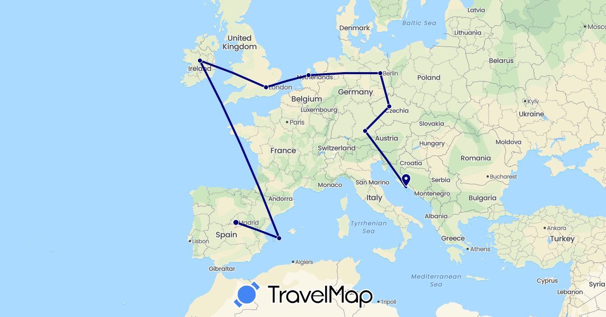 TravelMap itinerary: driving in Czech Republic, Germany, Spain, United Kingdom, Croatia, Ireland, Netherlands (Europe)